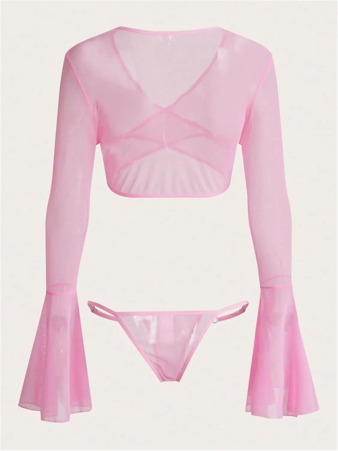 MakeMeChic Women's 2 Piece Lingerie Outfit Mesh Bell Sleeve Wrap Crop Top and Panty Set