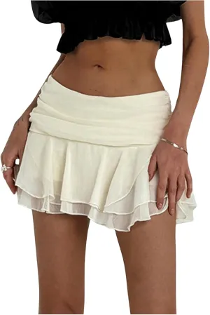 MakeMeChic Women's Tiered Layer Ruched Mesh Sheer Flared Ruffle Hem Summer Y2K Mini Skirts