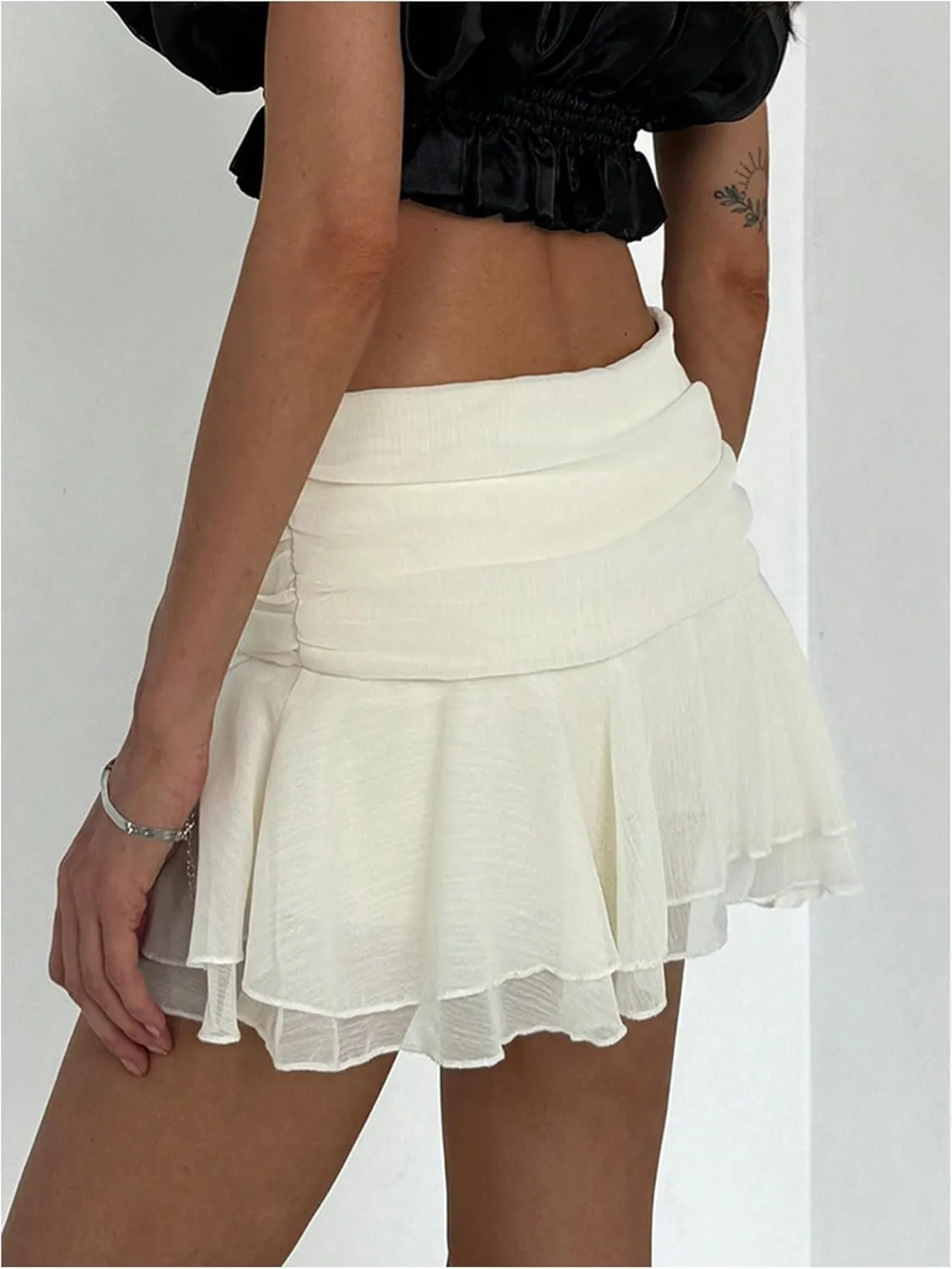 MakeMeChic Women's Tiered Layer Ruched Mesh Sheer Flared Ruffle Hem Summer Y2K Mini Skirts