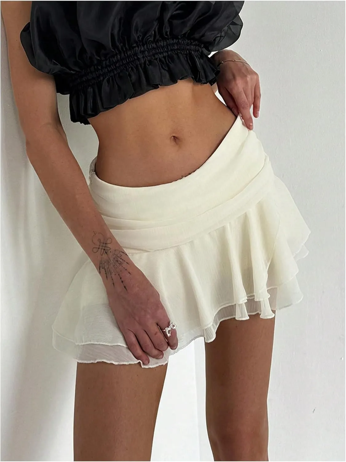 MakeMeChic Women's Tiered Layer Ruched Mesh Sheer Flared Ruffle Hem Summer Y2K Mini Skirts