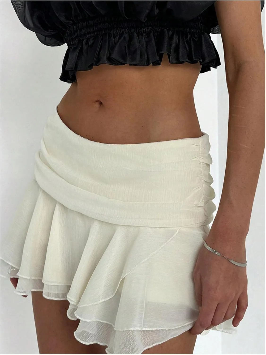 MakeMeChic Women's Tiered Layer Ruched Mesh Sheer Flared Ruffle Hem Summer Y2K Mini Skirts