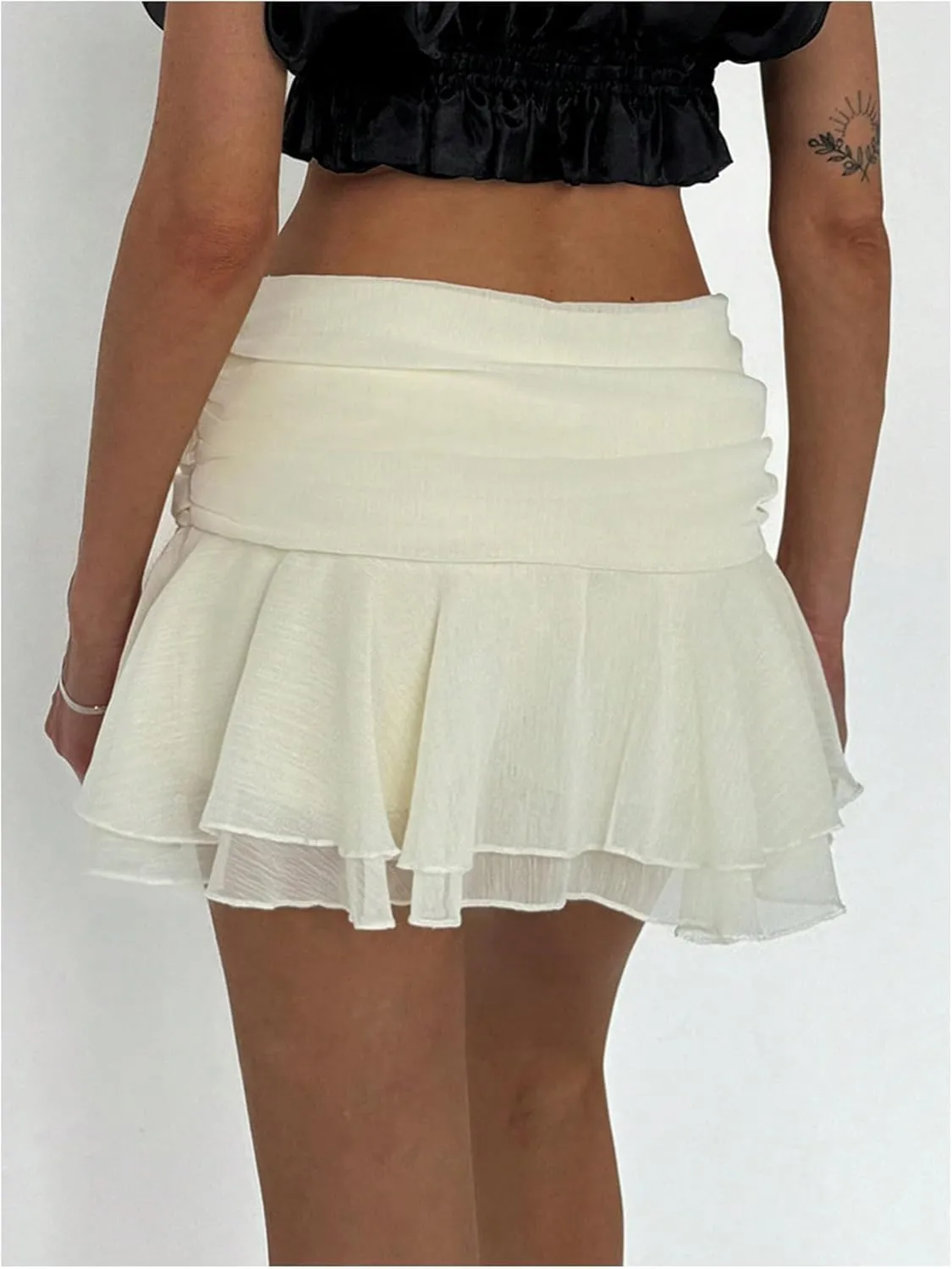 MakeMeChic Women's Tiered Layer Ruched Mesh Sheer Flared Ruffle Hem Summer Y2K Mini Skirts