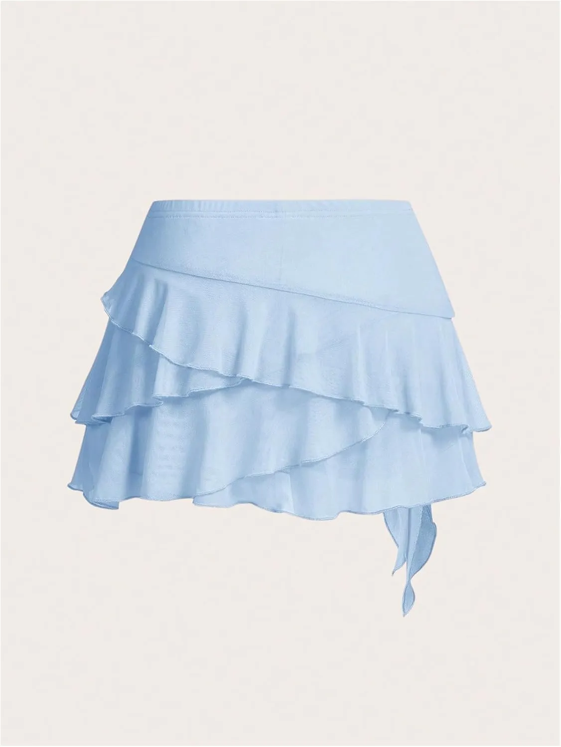 MakeMeChic Women's Y2K Sheer Mesh Mini Skirt Ruffle Hem Drop Waist Layered Tie Side Short Skirts