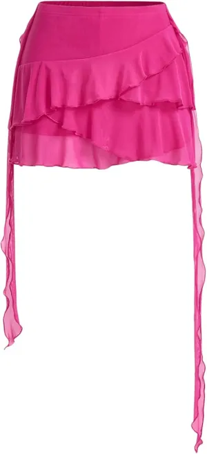 MakeMeChic Women's Y2K Sheer Mesh Mini Skirt Ruffle Hem Drop Waist Layered Tie Side Short Skirts