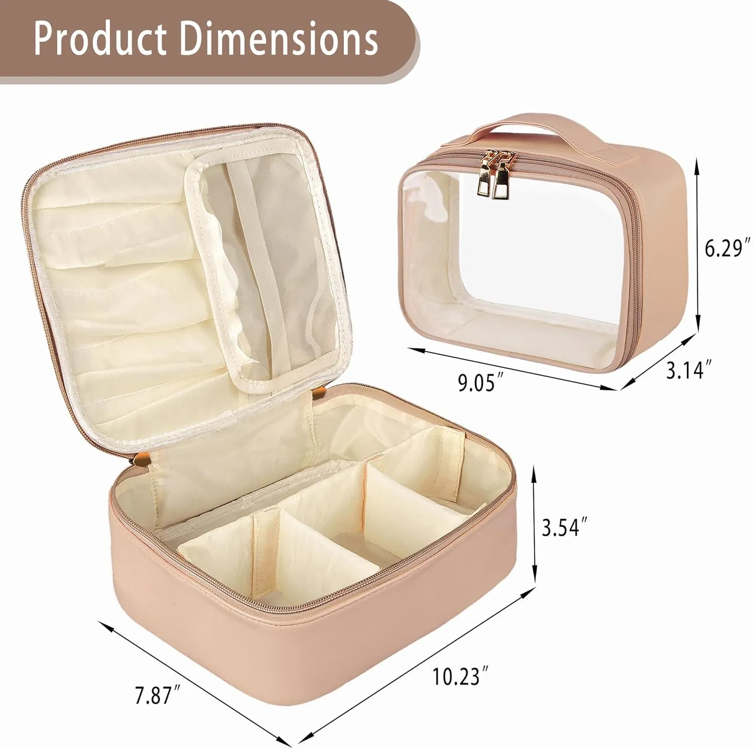 Makeup Bag, 2 PCS PU Leather Cosmetic Bags, Portable Travel Makeup Case, Large Makeup Organizer with Clear Makeup Bag for Women (Khaki)