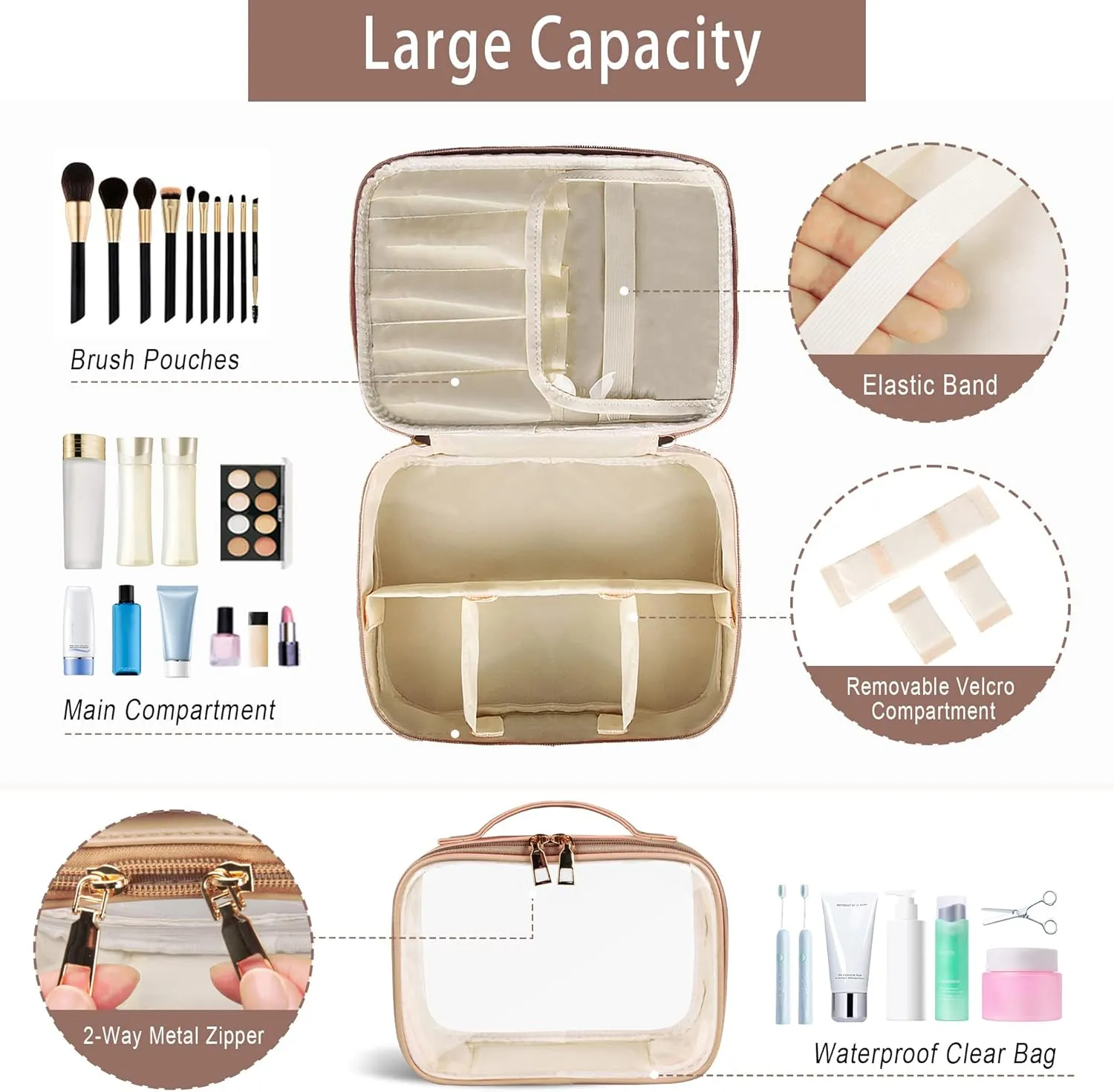 Makeup Bag, 2 PCS PU Leather Cosmetic Bags, Portable Travel Makeup Case, Large Makeup Organizer with Clear Makeup Bag for Women (Khaki)