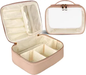 Makeup Bag, 2 PCS PU Leather Cosmetic Bags, Portable Travel Makeup Case, Large Makeup Organizer with Clear Makeup Bag for Women (Khaki)