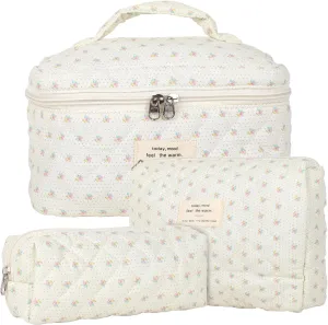 Makeup Bag Set of 3, Quilted Makeup Bag, Large Floral Cosmetic Bag for Women, Cute Cotton Makeup Bags, Flower Travel Toiletry Bag