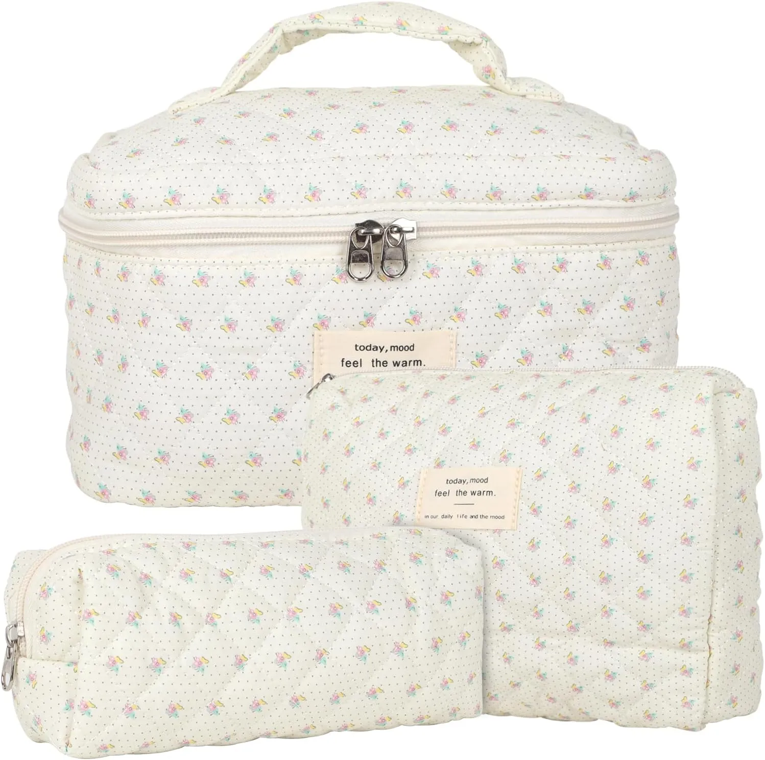 Makeup Bag Set of 3, Quilted Makeup Bag, Large Floral Cosmetic Bag for Women, Cute Cotton Makeup Bags, Flower Travel Toiletry Bag