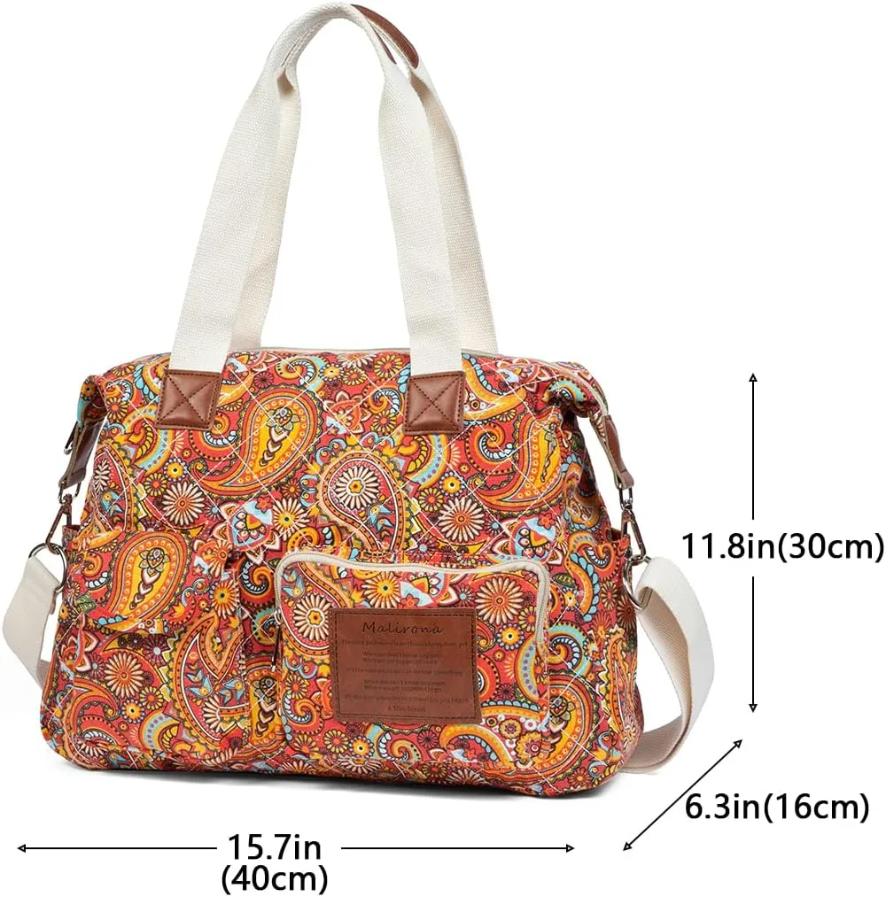 Malirona Women's Floral Canvas Messenger Bag Multi Pockets Shoulder Handbag Large Hobo Crossbody Fashion Top Handle Satchel