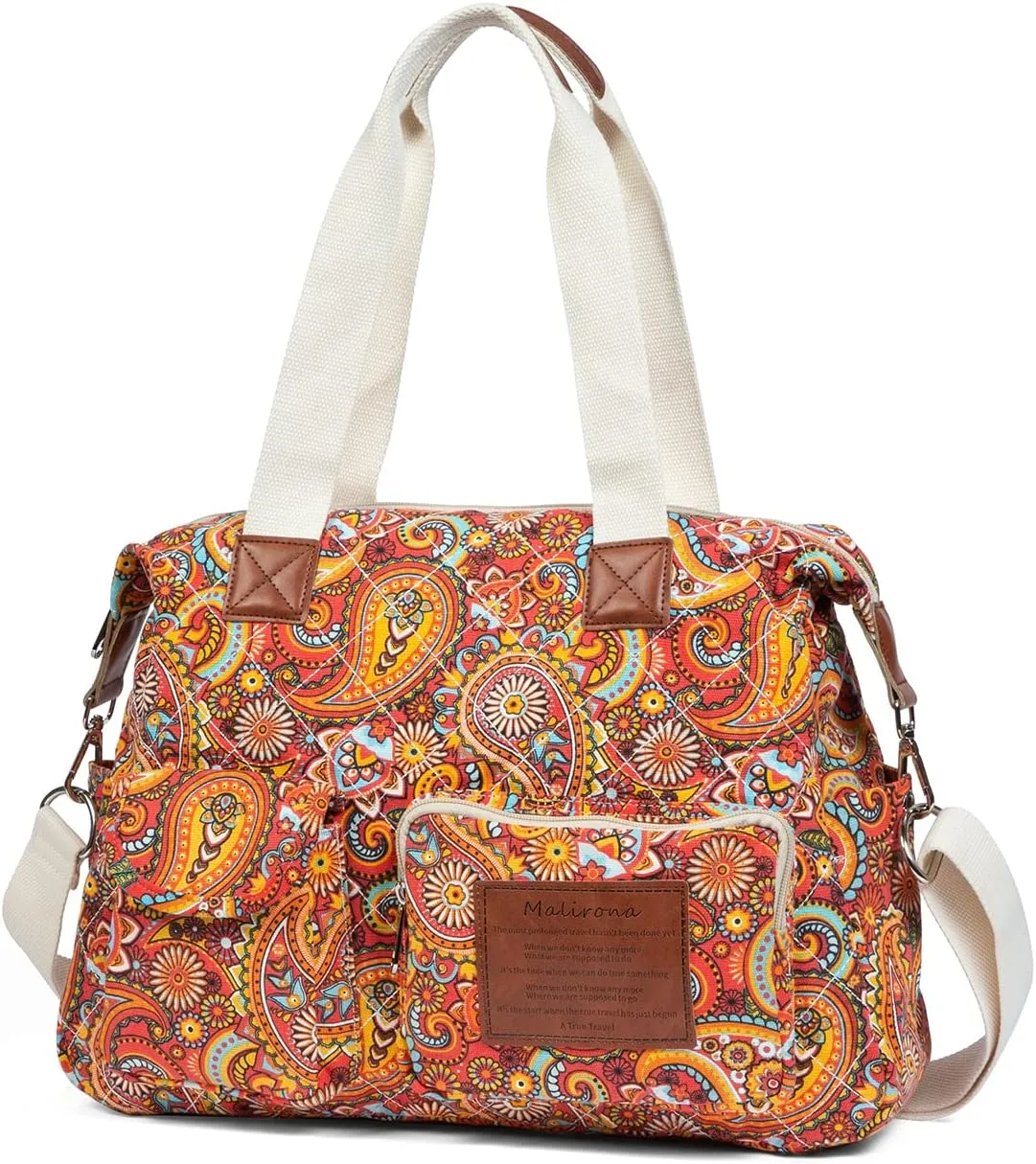 Malirona Women's Floral Canvas Messenger Bag Multi Pockets Shoulder Handbag Large Hobo Crossbody Fashion Top Handle Satchel