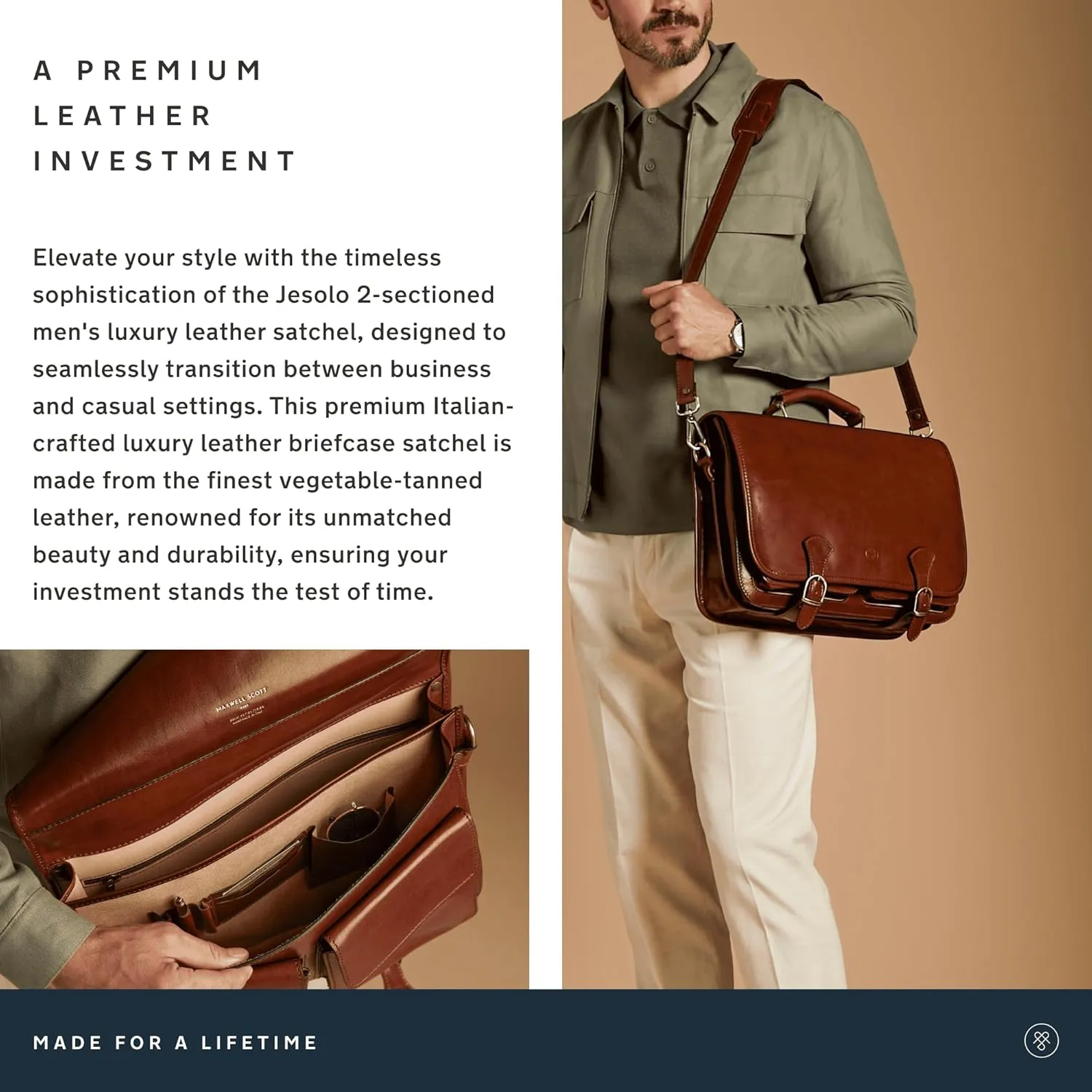 Maxwell Scott - Mens Luxury Leather Full Grain Satchel Briefcase Bag - 2 Section for Laptop - Handmade In Italy- The Jesolo2