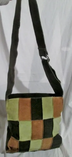 ME TOO PATCHWORK Suede Leather hobo shoulder bag BROWN GREEN crossbody hippie sling