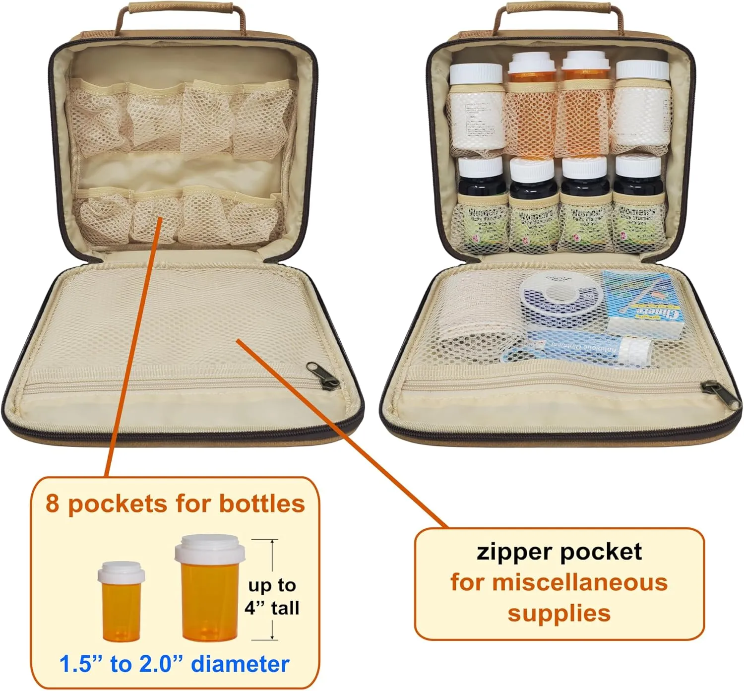 Medium Travel Pill Bottle Organizer, Medicine Bag, Carrier for Medications and Medical Supplies - Khaki Canvas (Without Lock)