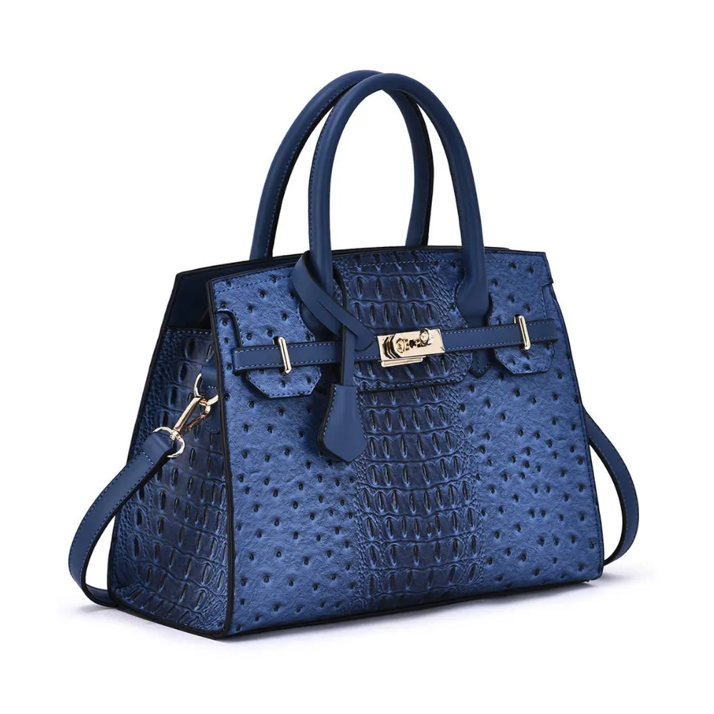 Mellow World Virginia Ostrich Embossed Navy Satchel Bag (Women's)