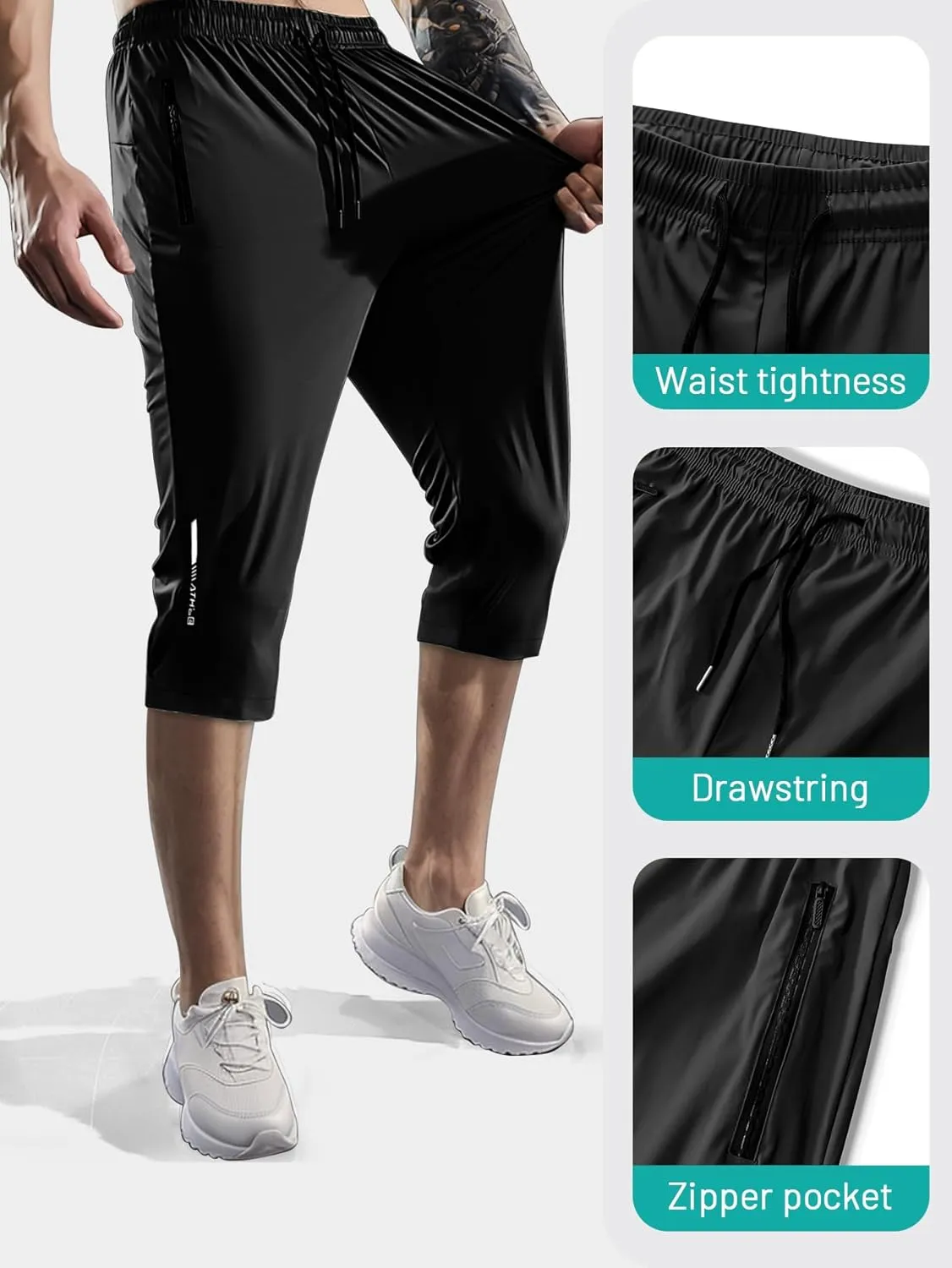 Men's Capri Pants 3/4 Long Jogger Sport Shorts,Workout/Gym/Yoga/Beach Shorts Quick Dry with Zipper Pockets
