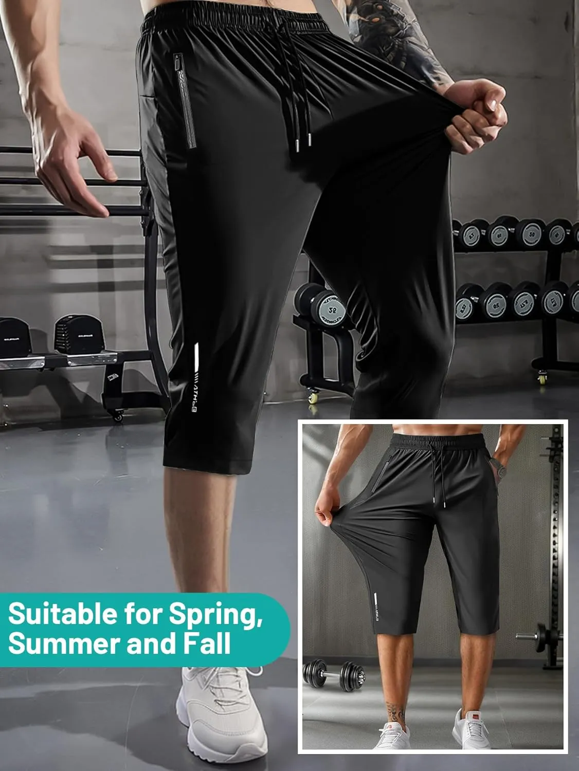Men's Capri Pants 3/4 Long Jogger Sport Shorts,Workout/Gym/Yoga/Beach Shorts Quick Dry with Zipper Pockets