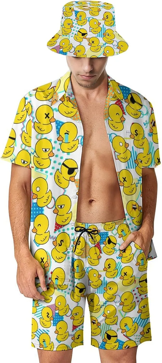Mens Hawaiian Shirt and Shorts Set 2 Piece 80s 90s Outfit for Men Short Sleeve Button Down Suit with Bucket Hats