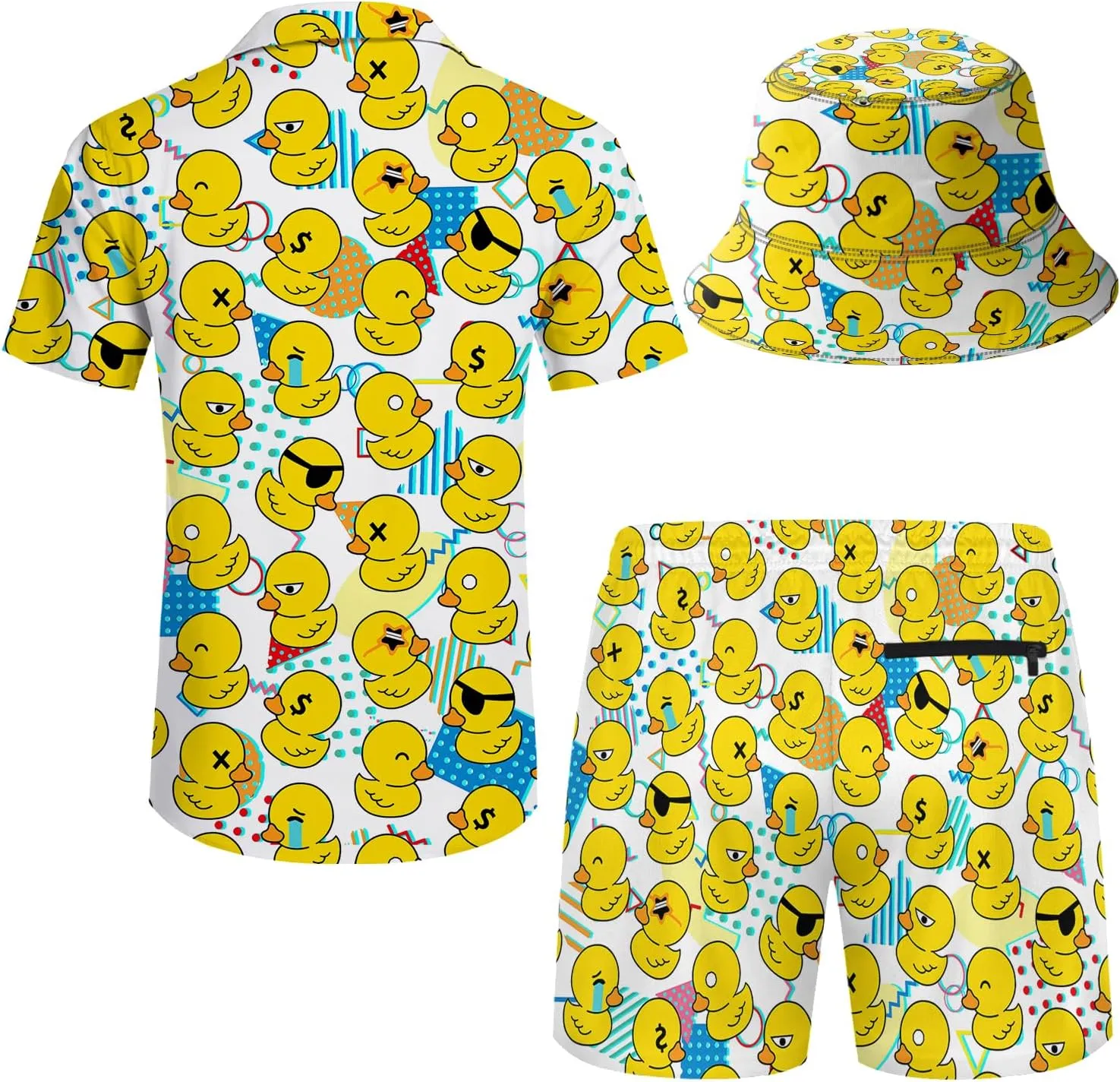 Mens Hawaiian Shirt and Shorts Set 2 Piece 80s 90s Outfit for Men Short Sleeve Button Down Suit with Bucket Hats