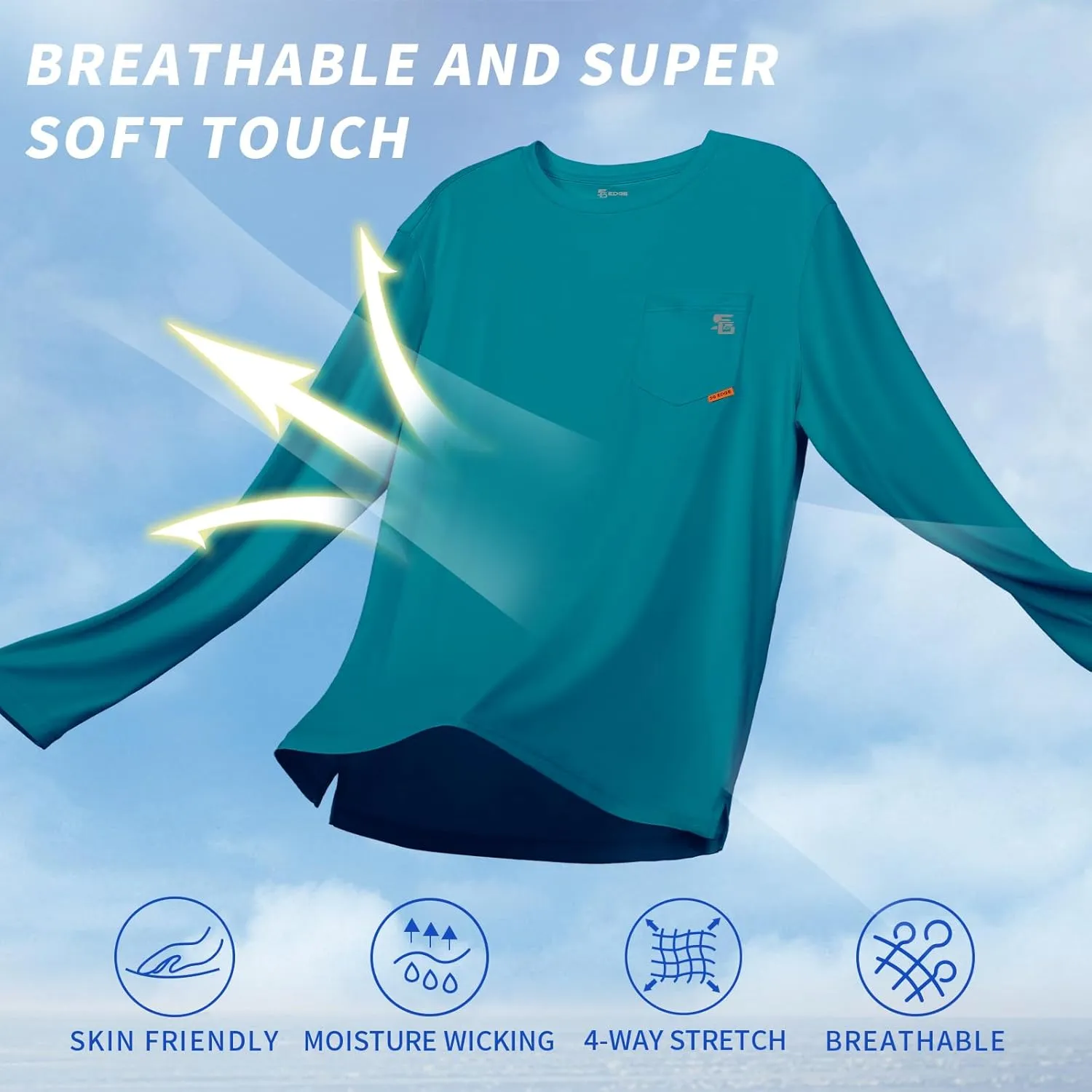 Men's Rash Guard Shirts UPF 50  Moisture Wicking Long Sleeve Chest Pocket Quick Dry Lightweight