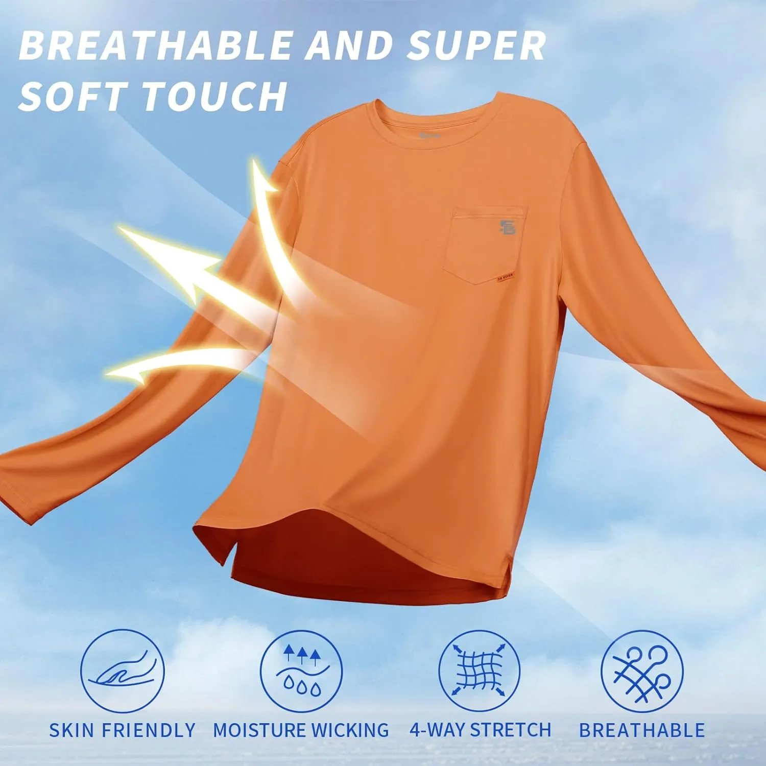 Men's Rash Guard Shirts UPF 50  Moisture Wicking Long Sleeve Chest Pocket Quick Dry Lightweight