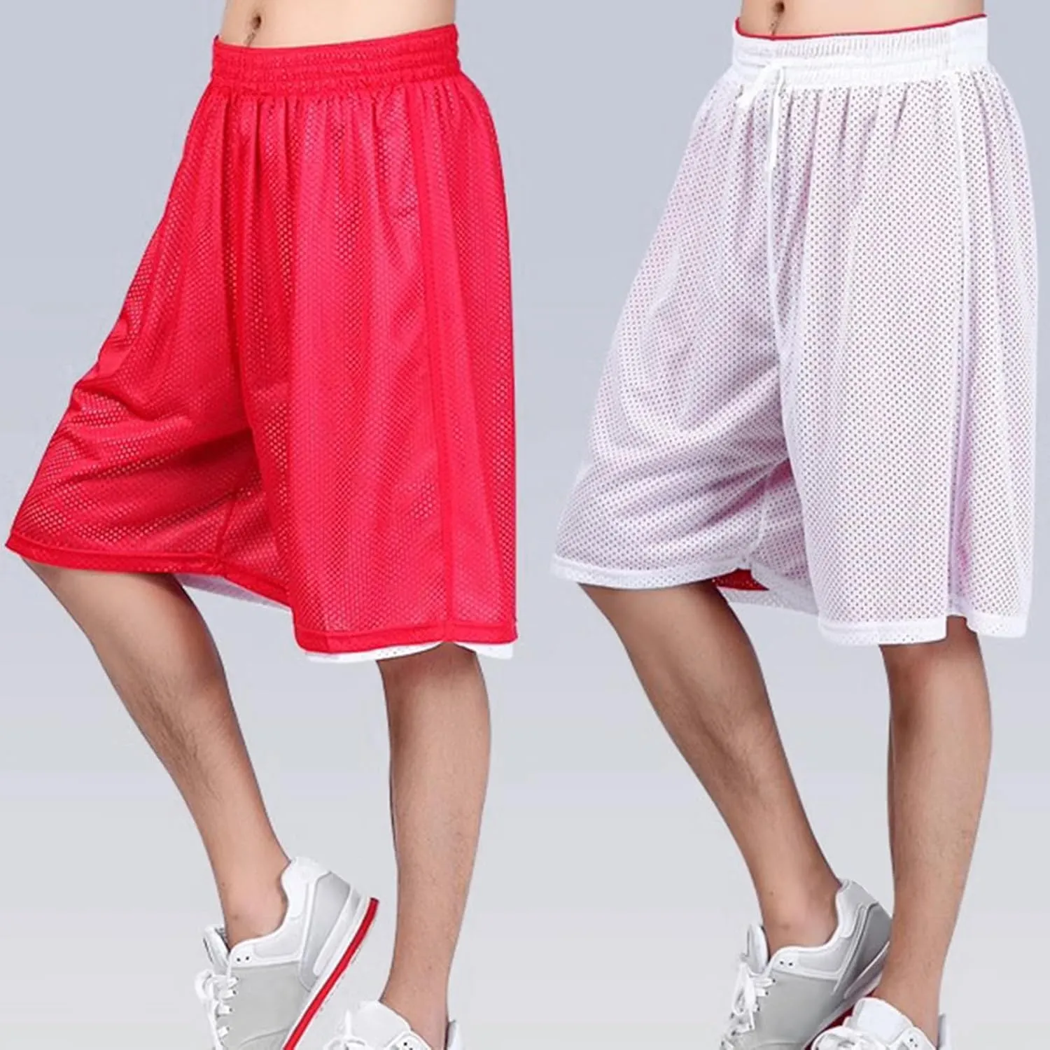 Men's Reversible Double-Layer Mesh Basketball Shorts Sports Half Pants Trousers Drawstring Elastic Waist Loose Casual