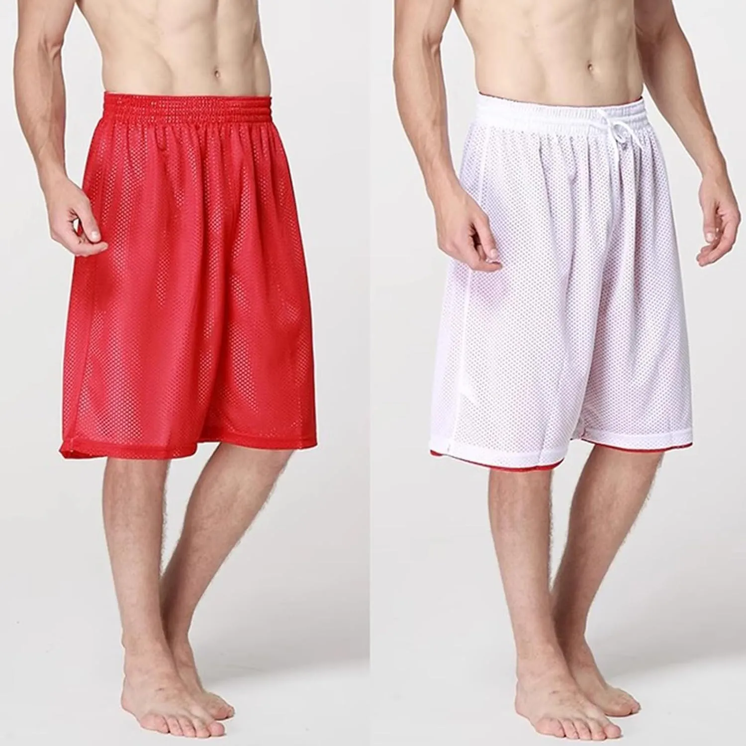 Men's Reversible Double-Layer Mesh Basketball Shorts Sports Half Pants Trousers Drawstring Elastic Waist Loose Casual