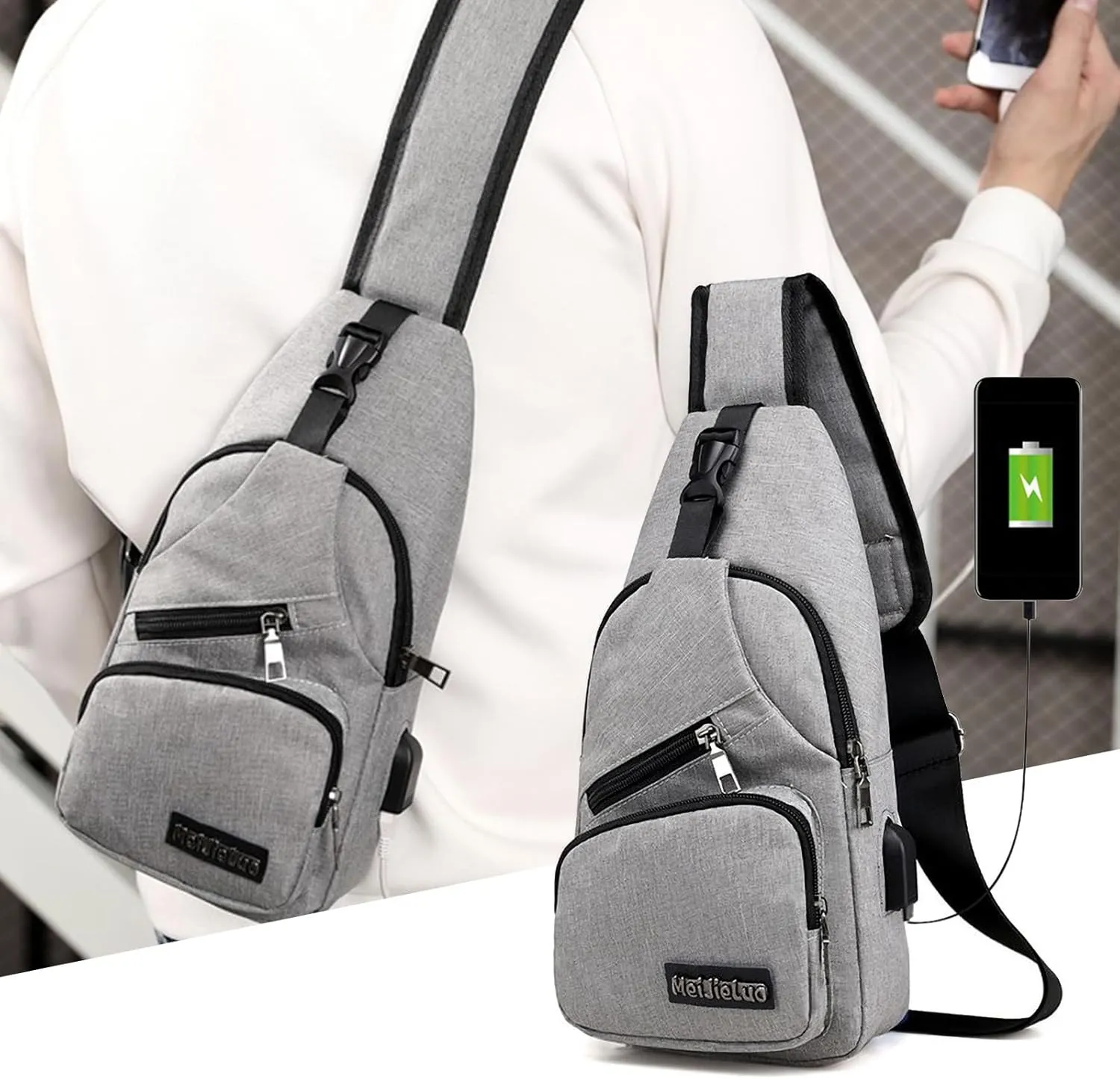 Mens Sling Bag,Crossbody Sling Bag with USB Charger Hole Multipurpose Backpack Casual Chest Bag Hiking Daypack Outdoor (Gray)
