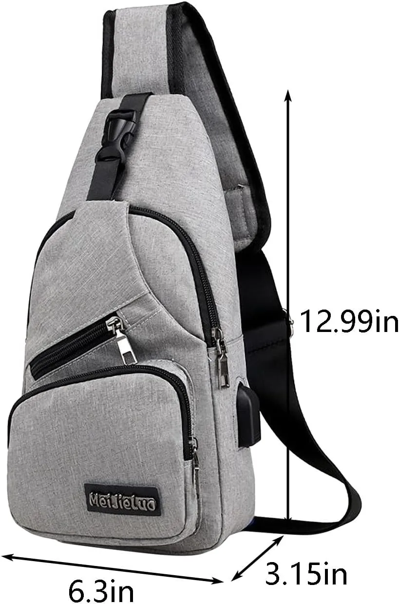 Mens Sling Bag,Crossbody Sling Bag with USB Charger Hole Multipurpose Backpack Casual Chest Bag Hiking Daypack Outdoor (Gray)