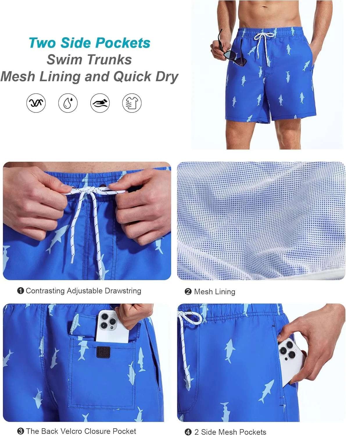 Mens Swim Trunks 6 Inch Inseam Mesh Lining Bathing Suits Quick Dry Beach Shorts Swimsuits Swimwear with Pockets