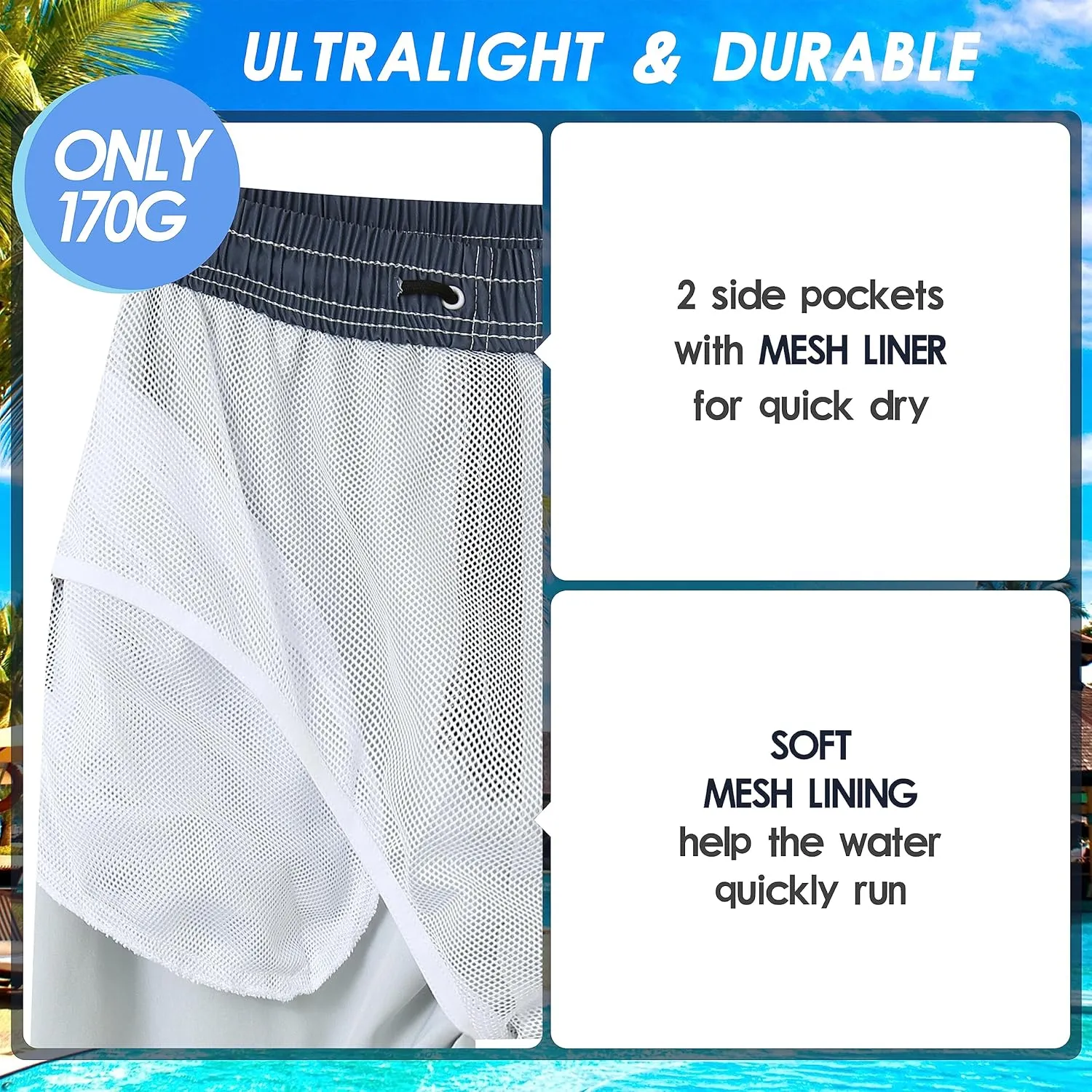 Mens Swim Trunks Quick Dry Board Shorts with Mesh Lining, Breathable Surf Beach Shorts Swimwear Bathing Suits
