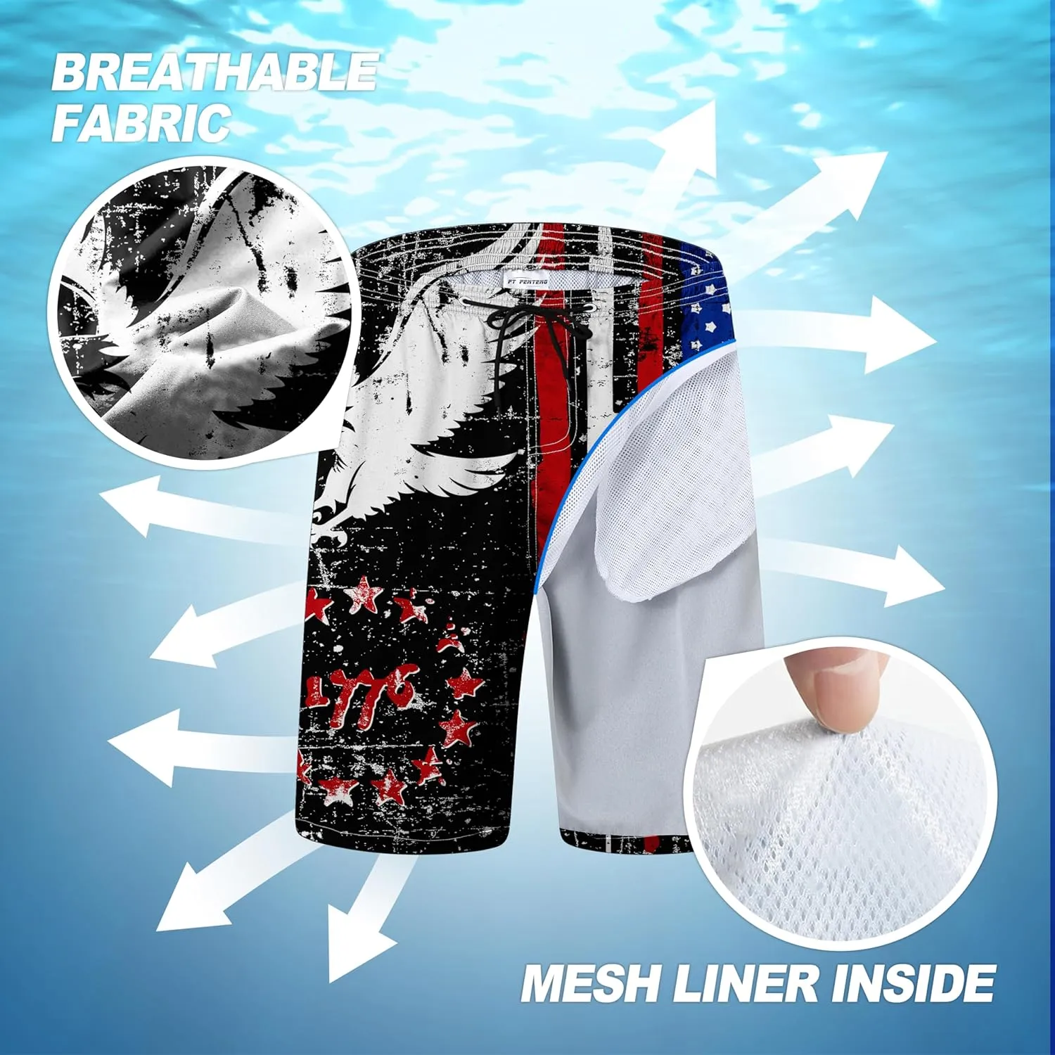 Mens Swim Trunks Quick Dry Board Shorts with Mesh Lining, Breathable Surf Beach Shorts Swimwear Bathing Suits