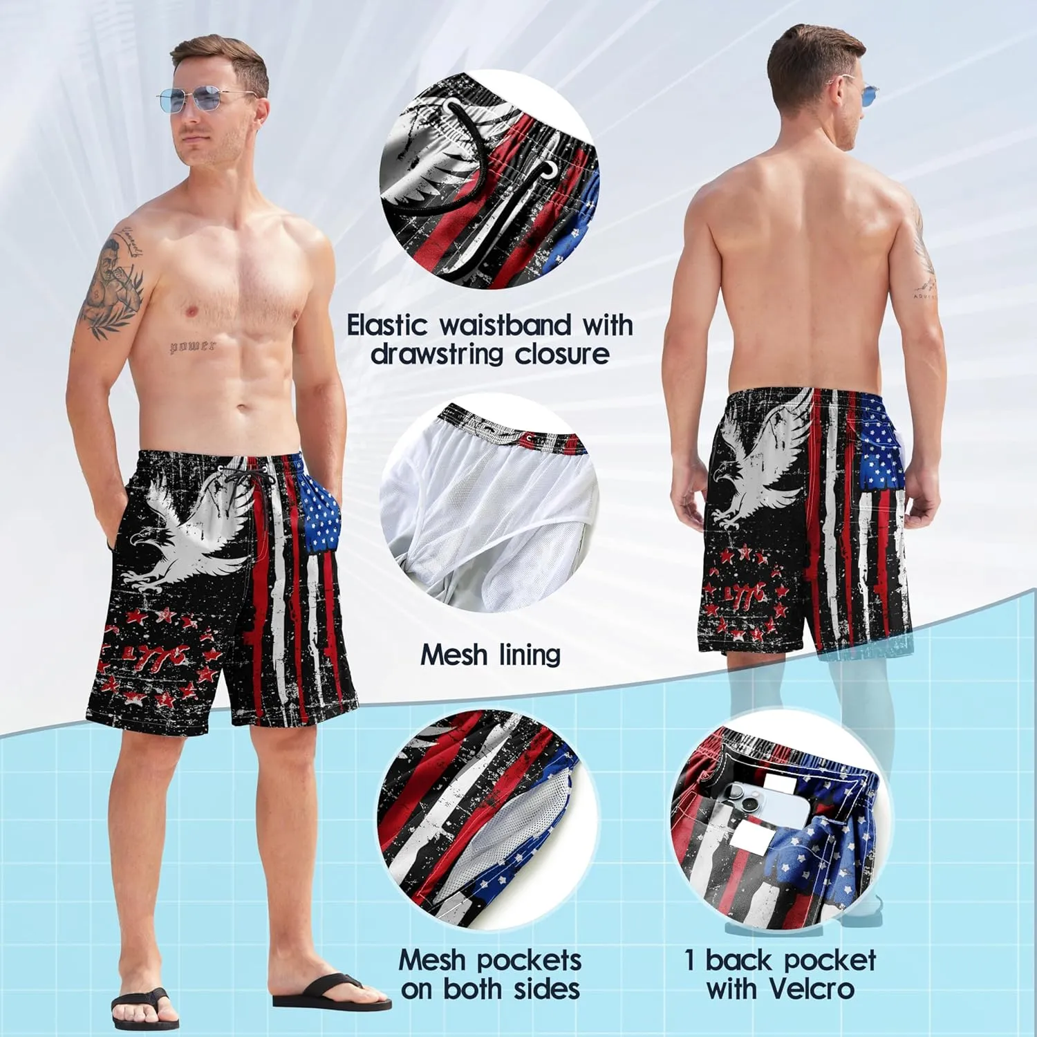 Mens Swim Trunks Quick Dry Board Shorts with Mesh Lining, Breathable Surf Beach Shorts Swimwear Bathing Suits
