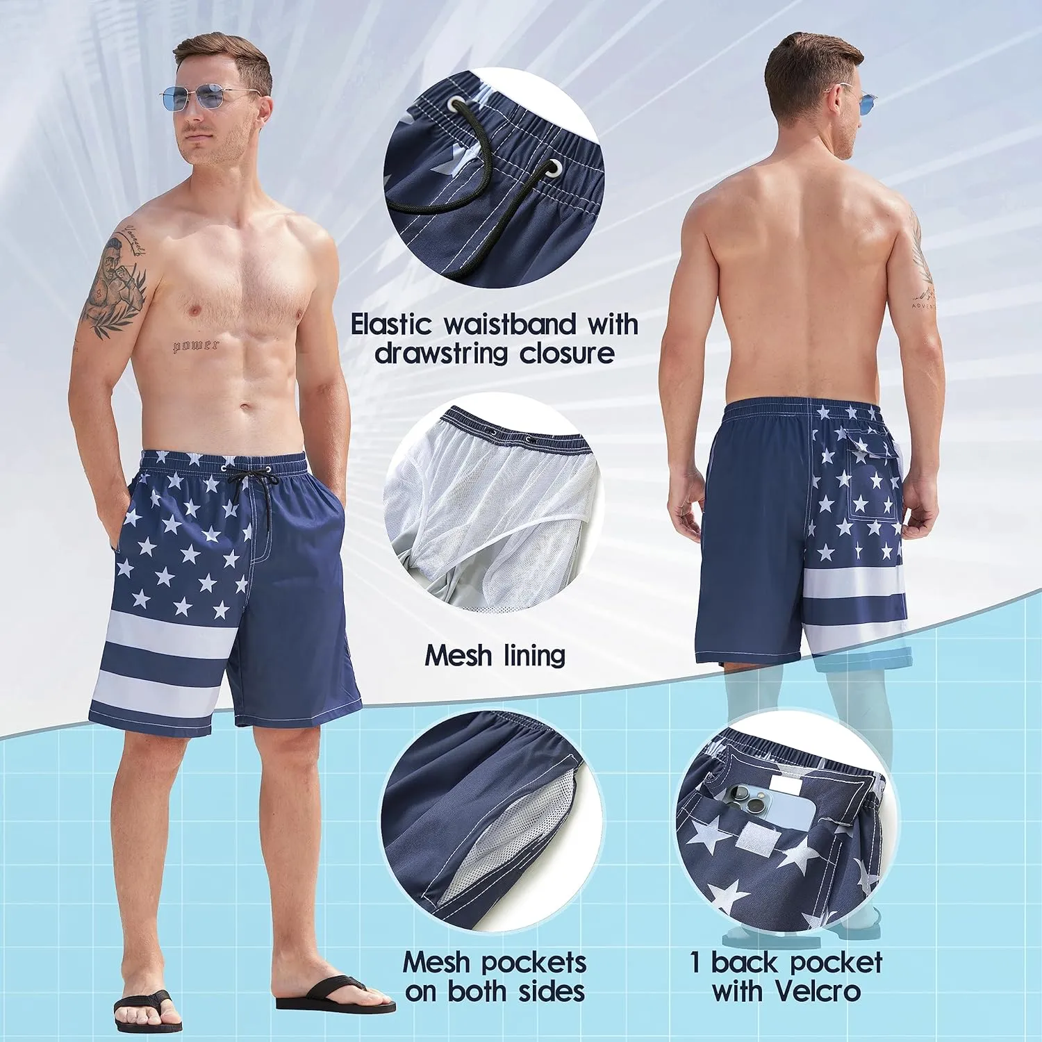 Mens Swim Trunks Quick Dry Board Shorts with Mesh Lining, Breathable Surf Beach Shorts Swimwear Bathing Suits