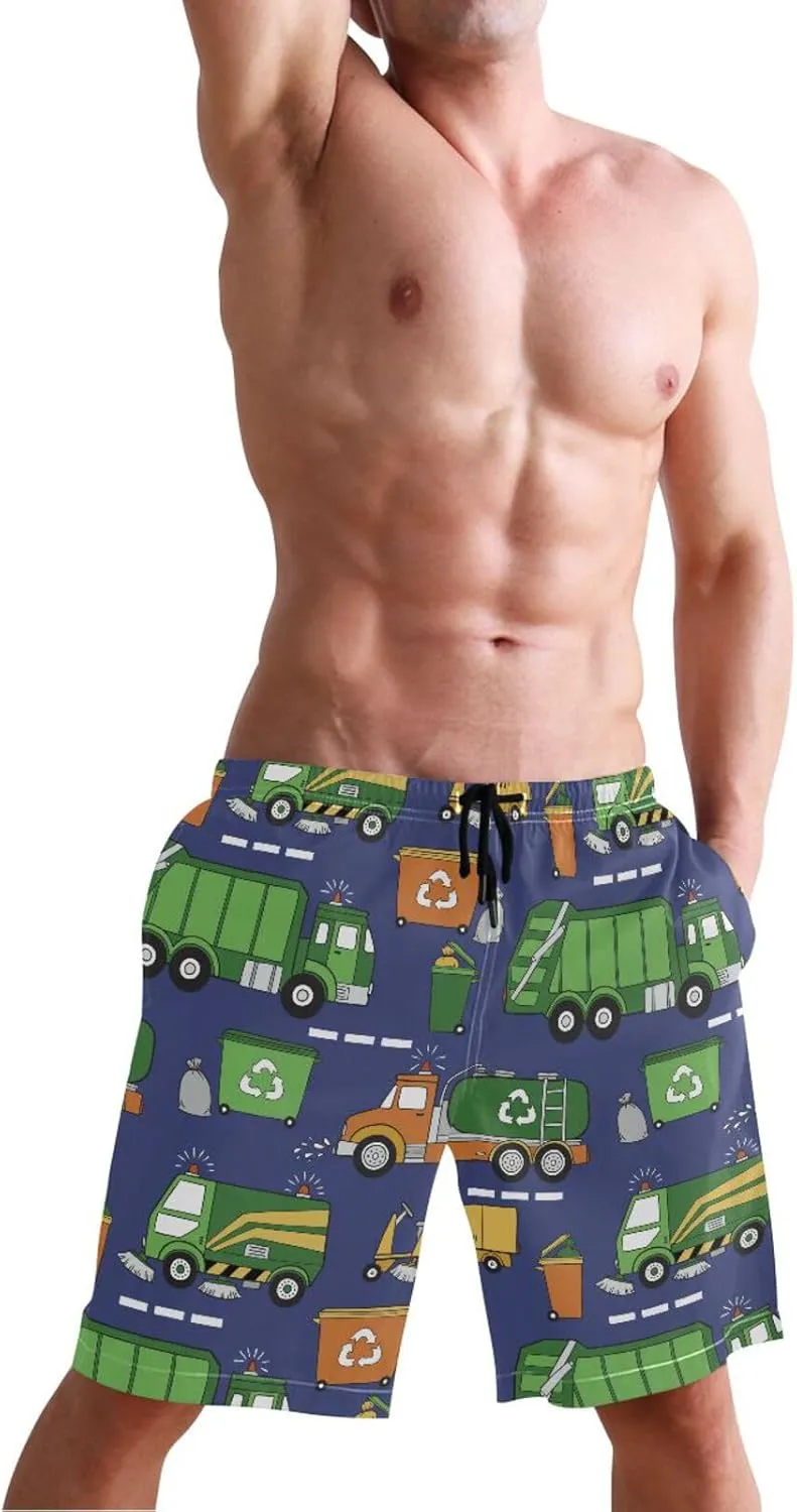 Men's Swim Trunks Quick Dry Swimming Shorts with Mesh Lining Hand Drawn Garbage Trucks Swimsuit Trunks