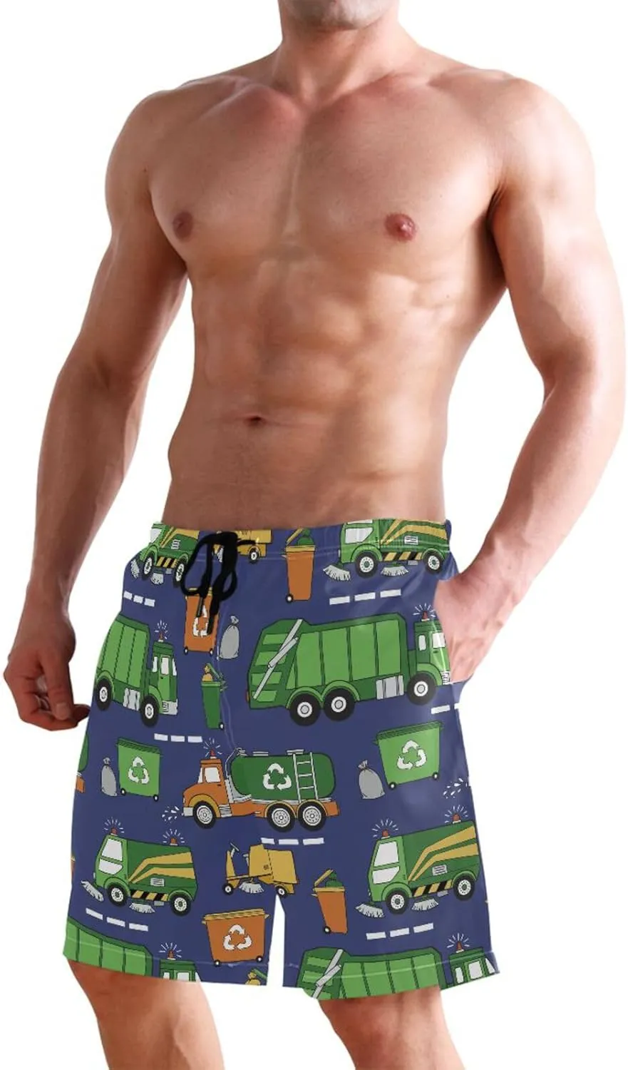 Men's Swim Trunks Quick Dry Swimming Shorts with Mesh Lining Hand Drawn Garbage Trucks Swimsuit Trunks