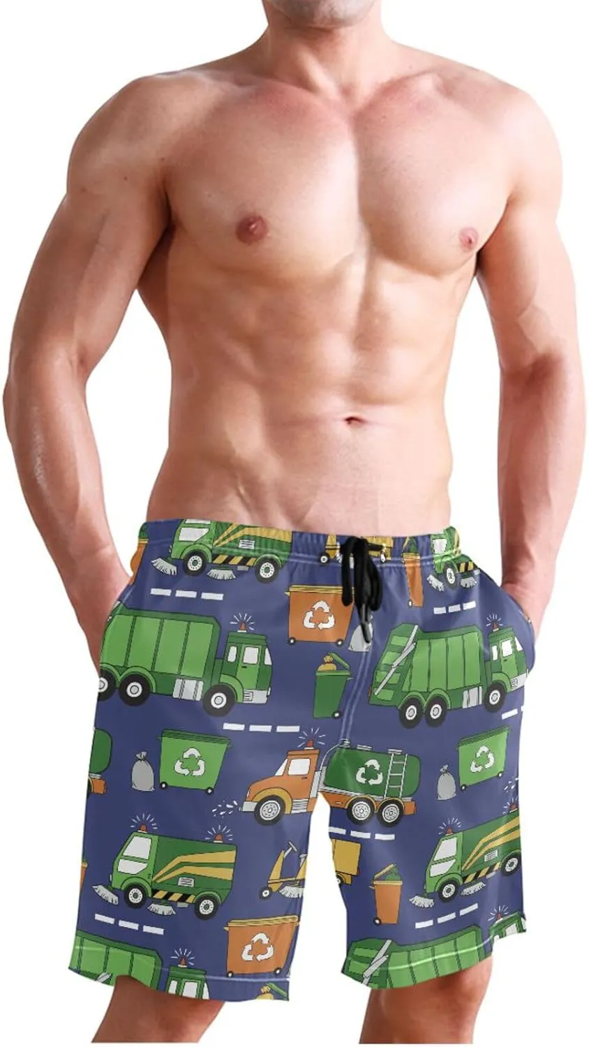 Men's Swim Trunks Quick Dry Swimming Shorts with Mesh Lining Hand Drawn Garbage Trucks Swimsuit Trunks