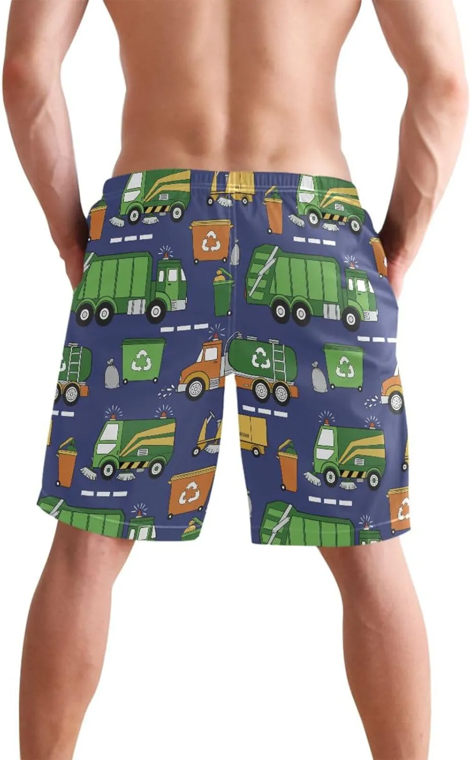 Men's Swim Trunks Quick Dry Swimming Shorts with Mesh Lining Hand Drawn Garbage Trucks Swimsuit Trunks