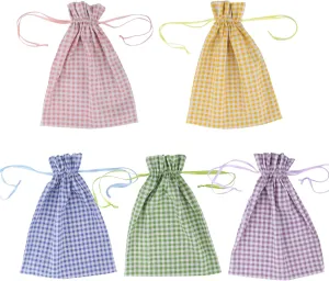Meseey 5 Pcs Large Easter Burlap Bags with Drawstrings 16 x 12 Inch Buffalo Plaid Gift Bags Gingham Sacks Bags Reusable Gift Pouch Bag for Easter Spring Birthday Party Baby Shower Goodies