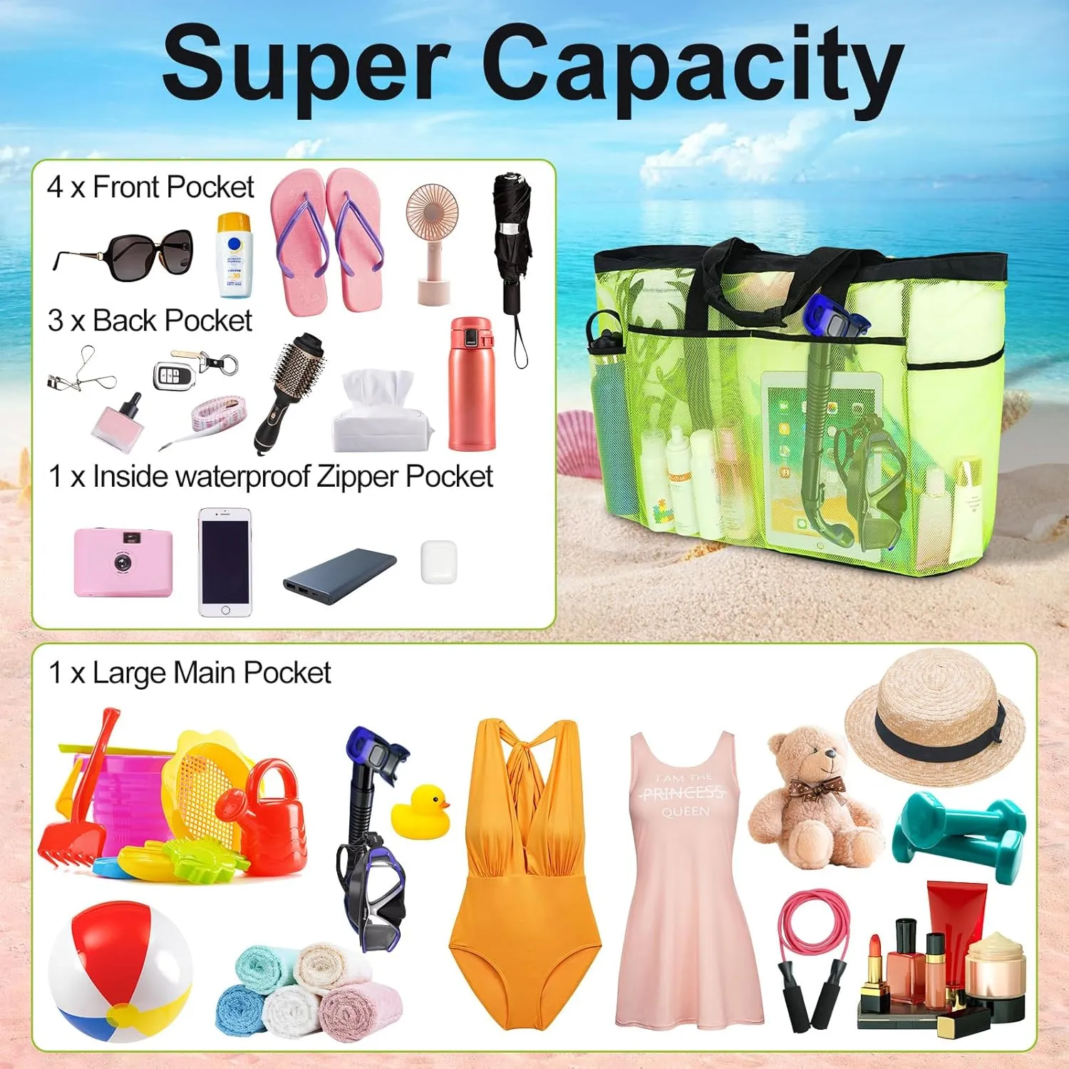 Mesh Beach Bags for Women - Plus Waterproof Sandproof Tote Bag