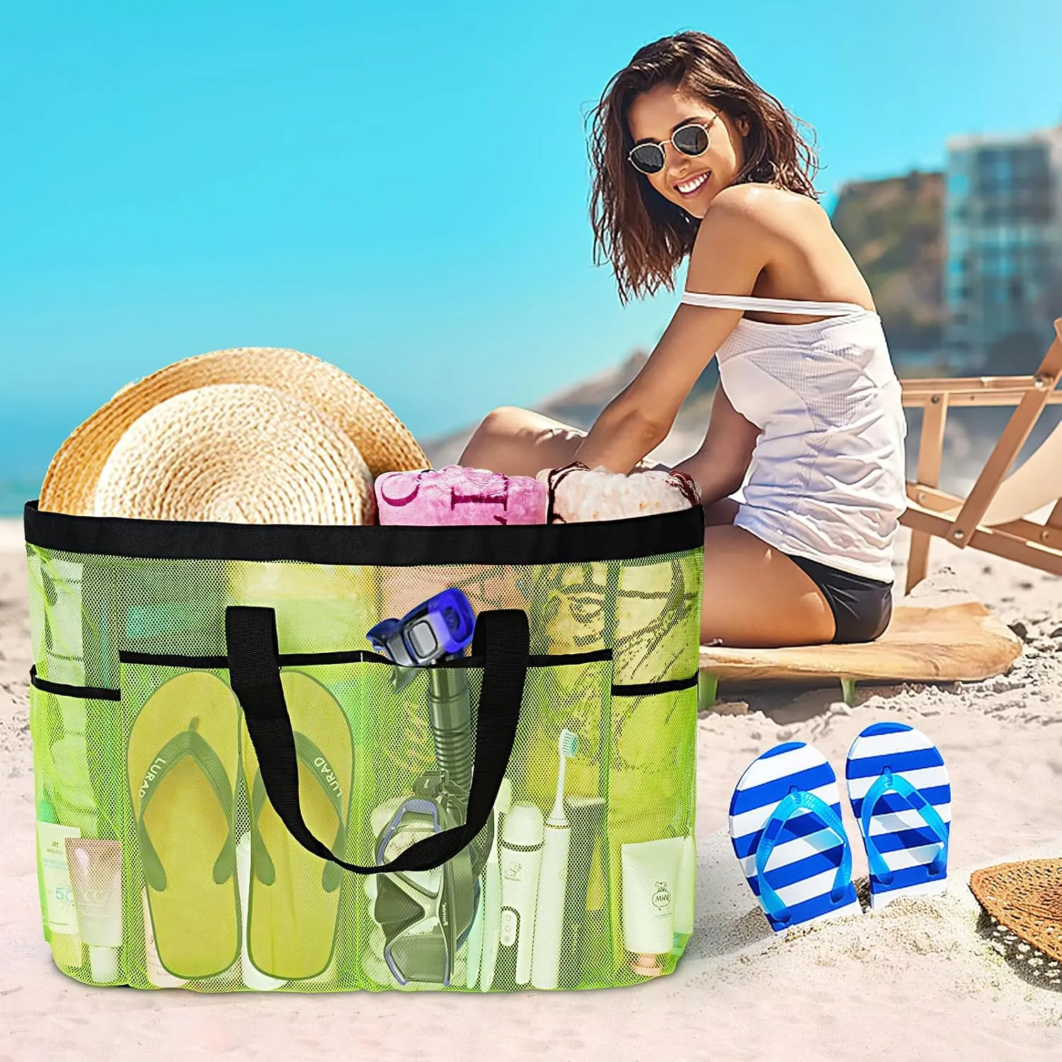 Mesh Beach Bags for Women - Plus Waterproof Sandproof Tote Bag