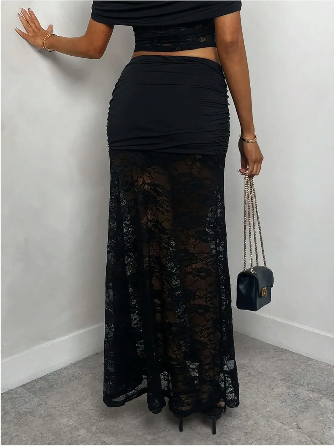 Milumia Women's Mesh Lace Tiered Long Maxi Skirt Sexy Sheer Low Waist Ruched Ruffle Skirts