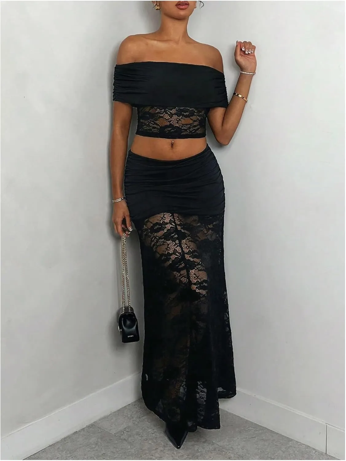 Milumia Women's Mesh Lace Tiered Long Maxi Skirt Sexy Sheer Low Waist Ruched Ruffle Skirts