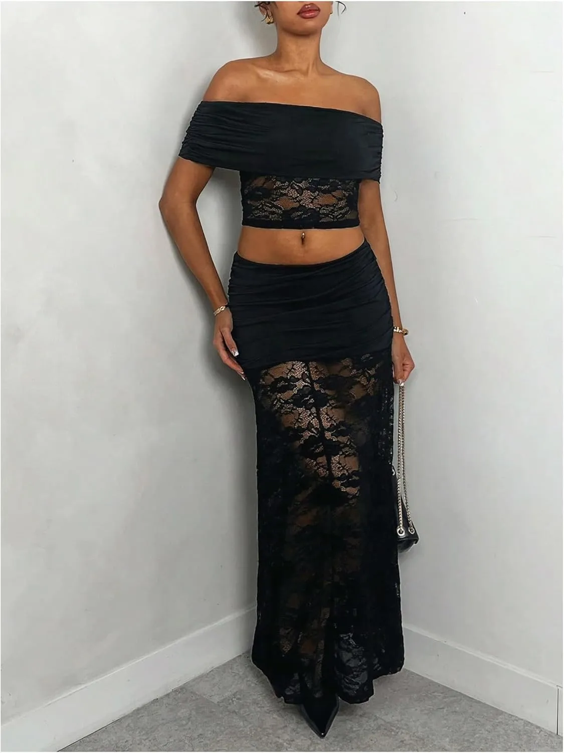 Milumia Women's Mesh Lace Tiered Long Maxi Skirt Sexy Sheer Low Waist Ruched Ruffle Skirts