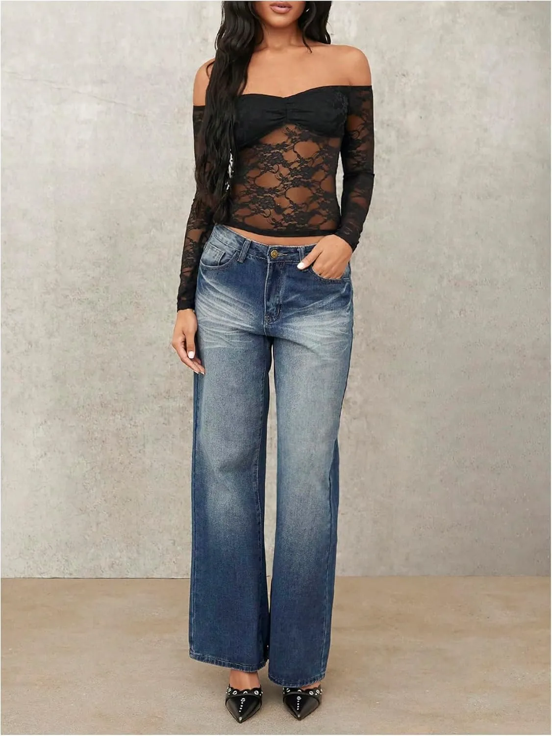 Milumia Women's Sexy Sheer Mesh Off The Shoulder Lace Long Sleeve Top Y2K Rave