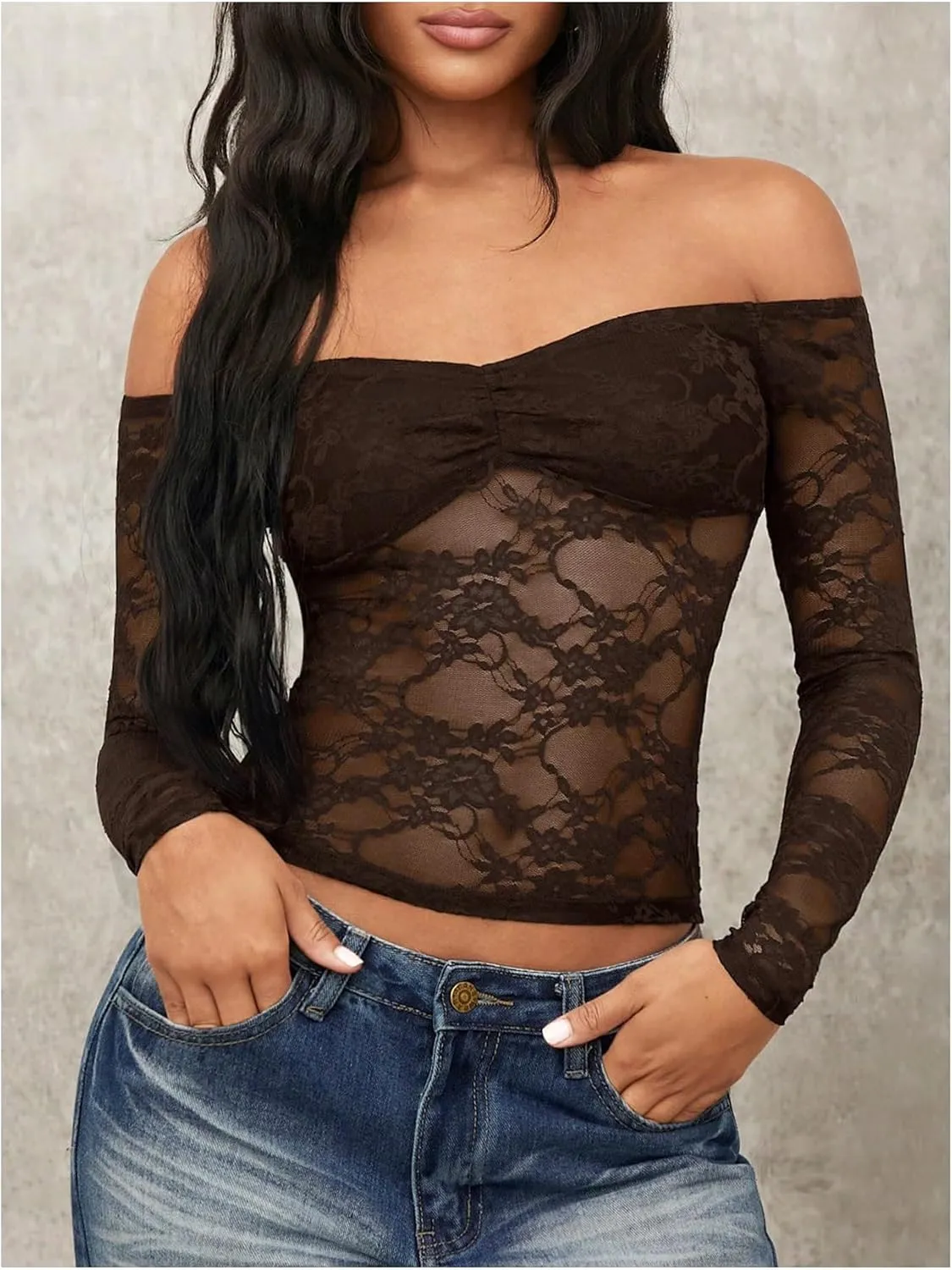 Milumia Women's Sexy Sheer Mesh Off The Shoulder Lace Long Sleeve Top Y2K Rave