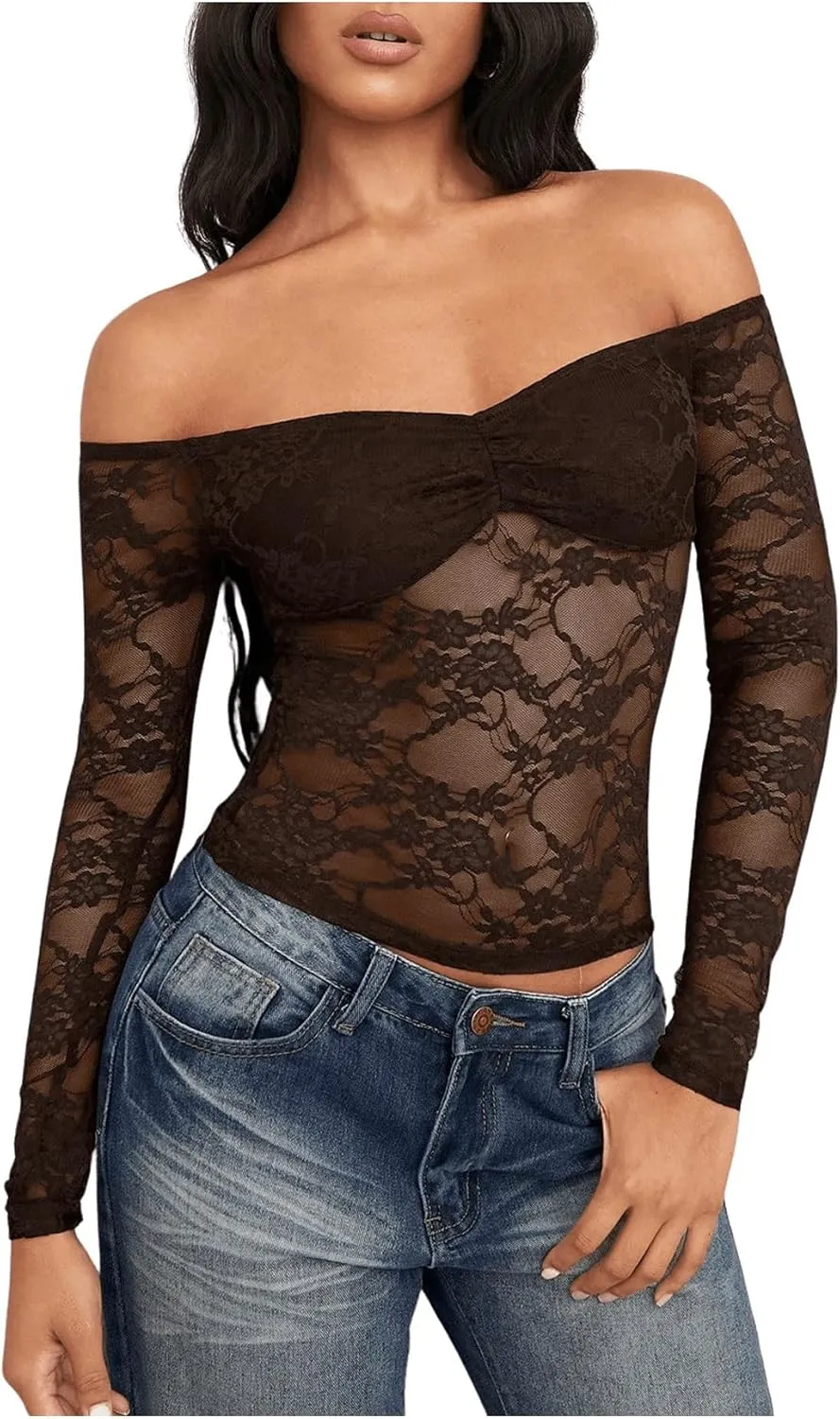 Milumia Women's Sexy Sheer Mesh Off The Shoulder Lace Long Sleeve Top Y2K Rave