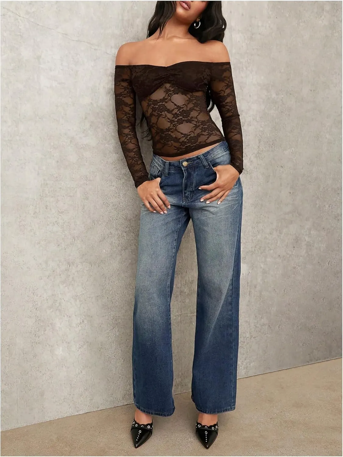 Milumia Women's Sexy Sheer Mesh Off The Shoulder Lace Long Sleeve Top Y2K Rave
