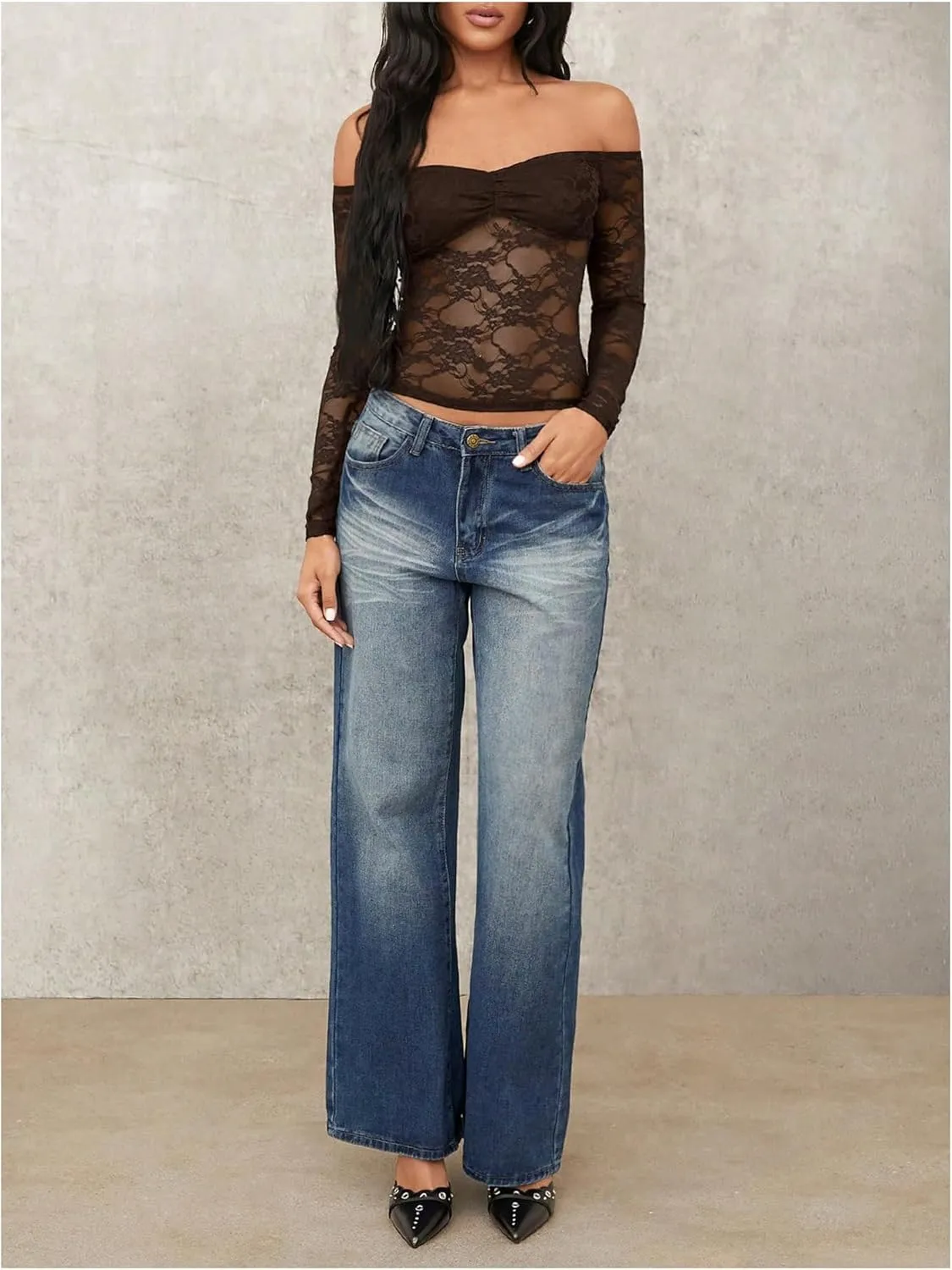 Milumia Women's Sexy Sheer Mesh Off The Shoulder Lace Long Sleeve Top Y2K Rave