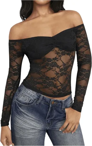 Milumia Women's Sexy Sheer Mesh Off The Shoulder Lace Long Sleeve Top Y2K Rave